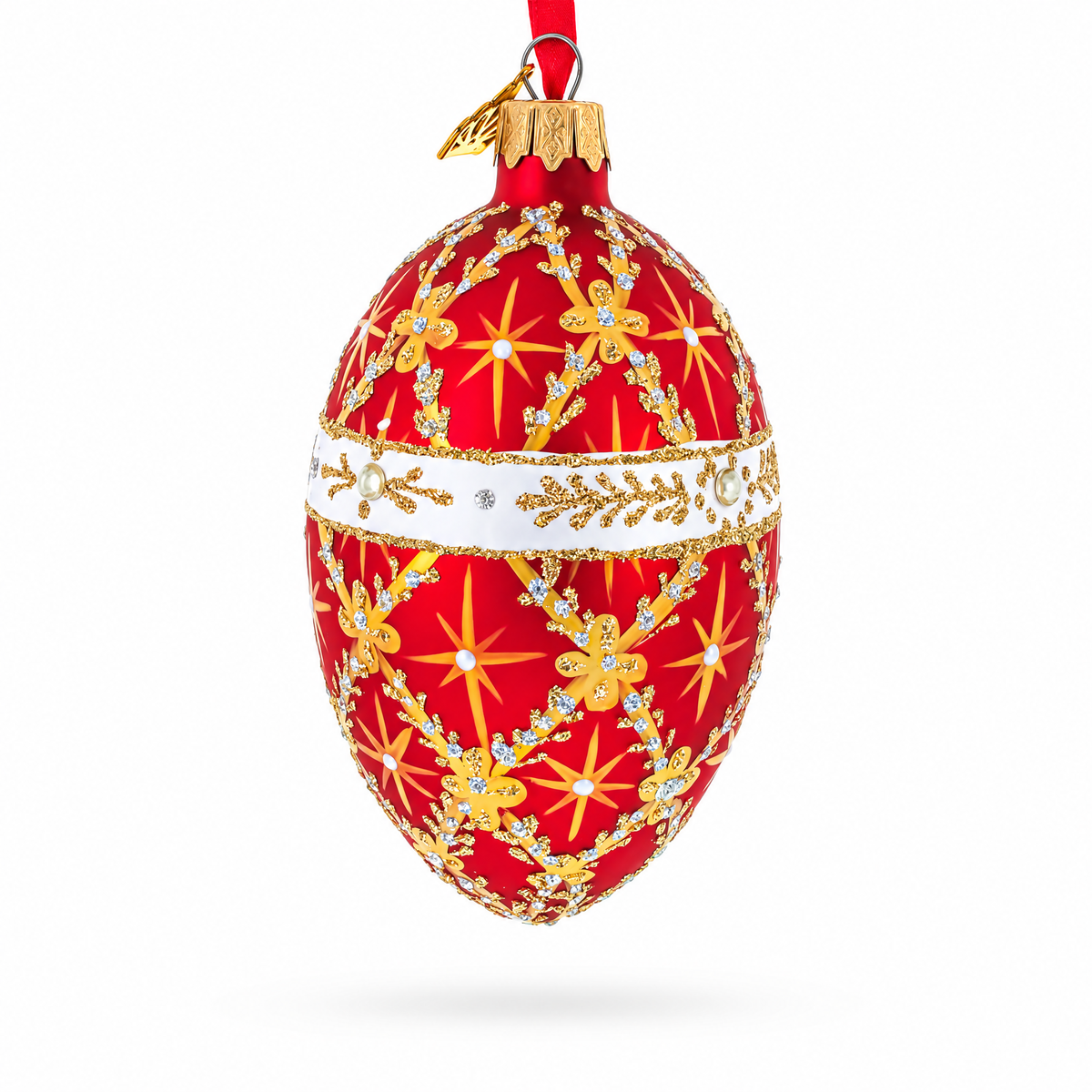 Diamond Trellis on Red Glass Egg Christmas Ornament 4 Inches