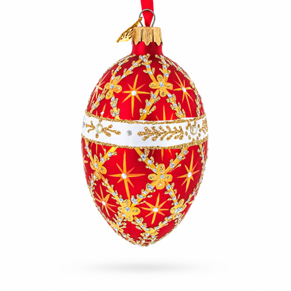 Diamond Trellis on Red Glass Egg Christmas Ornament 4 Inches
