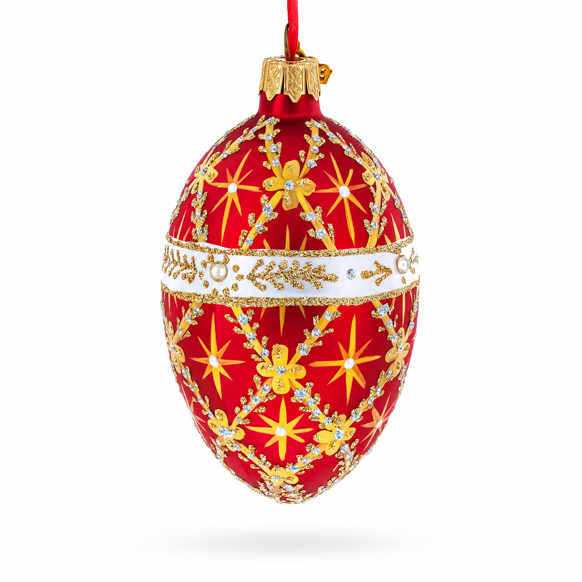 Diamond Trellis on Red Glass Egg Christmas Ornament 4 Inches