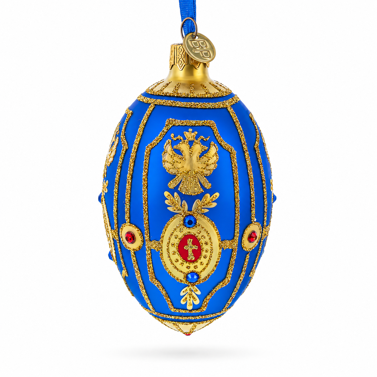 Golden Eagle on Blue Glass Egg Christmas Ornament 4 Inches