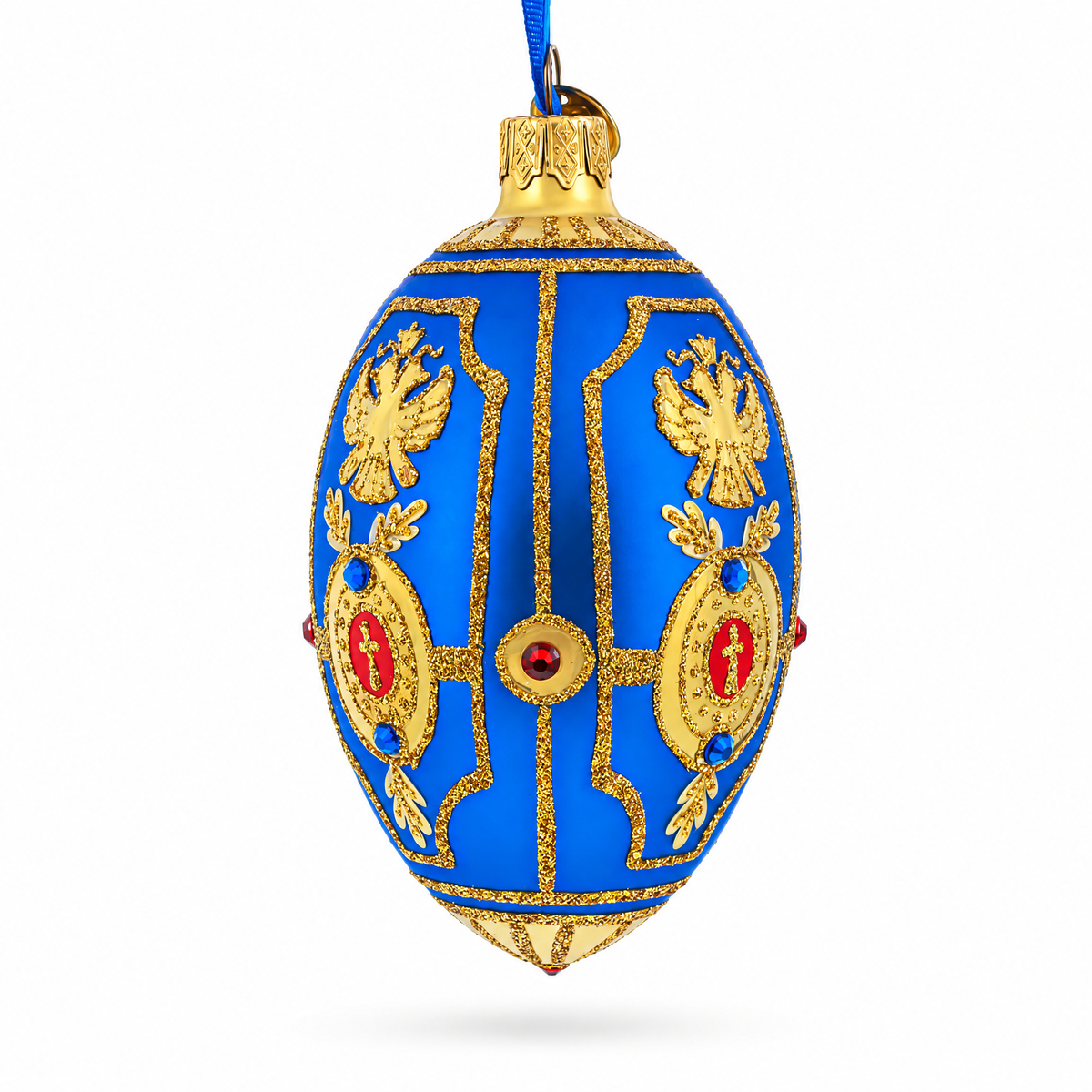 Golden Eagle on Blue Glass Egg Christmas Ornament 4 Inches
