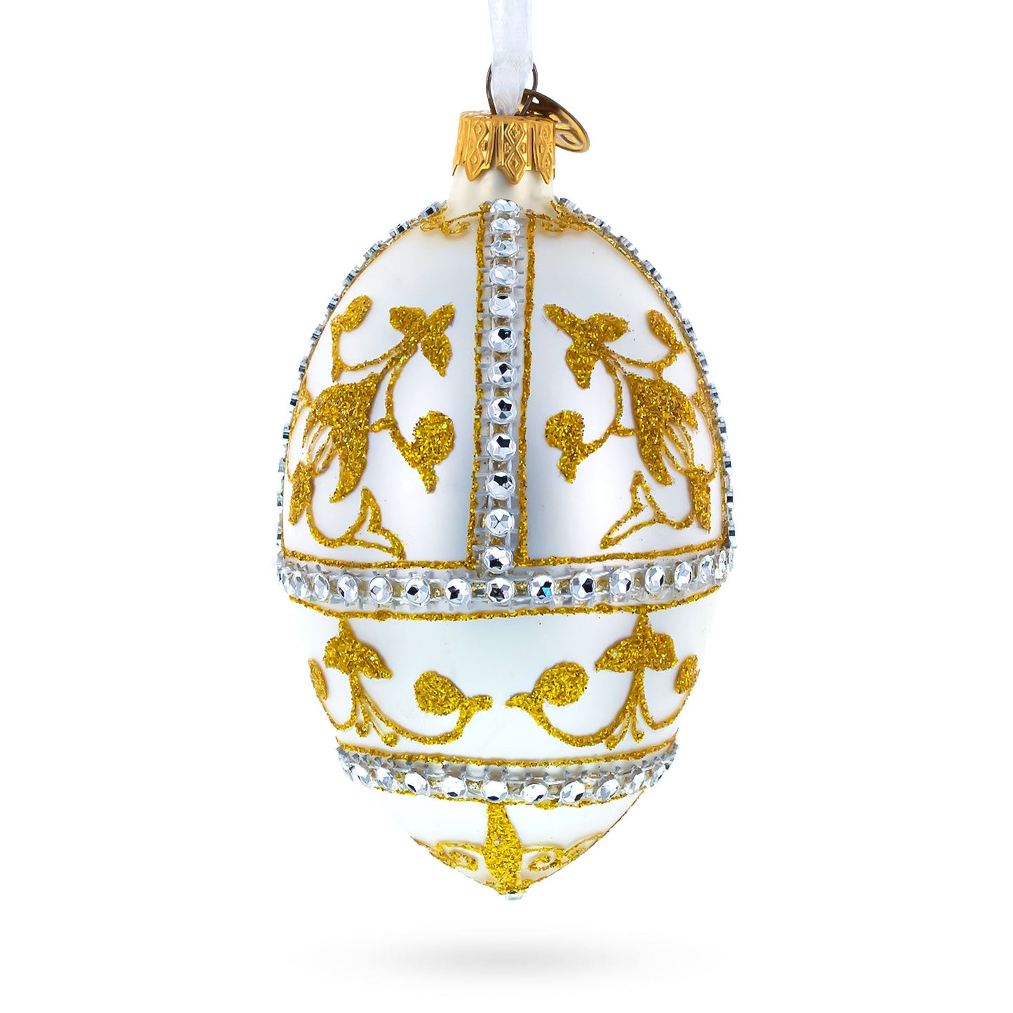 Jeweled Golden Chandelier on Silver Glass Egg Christmas Ornament 4 Inches