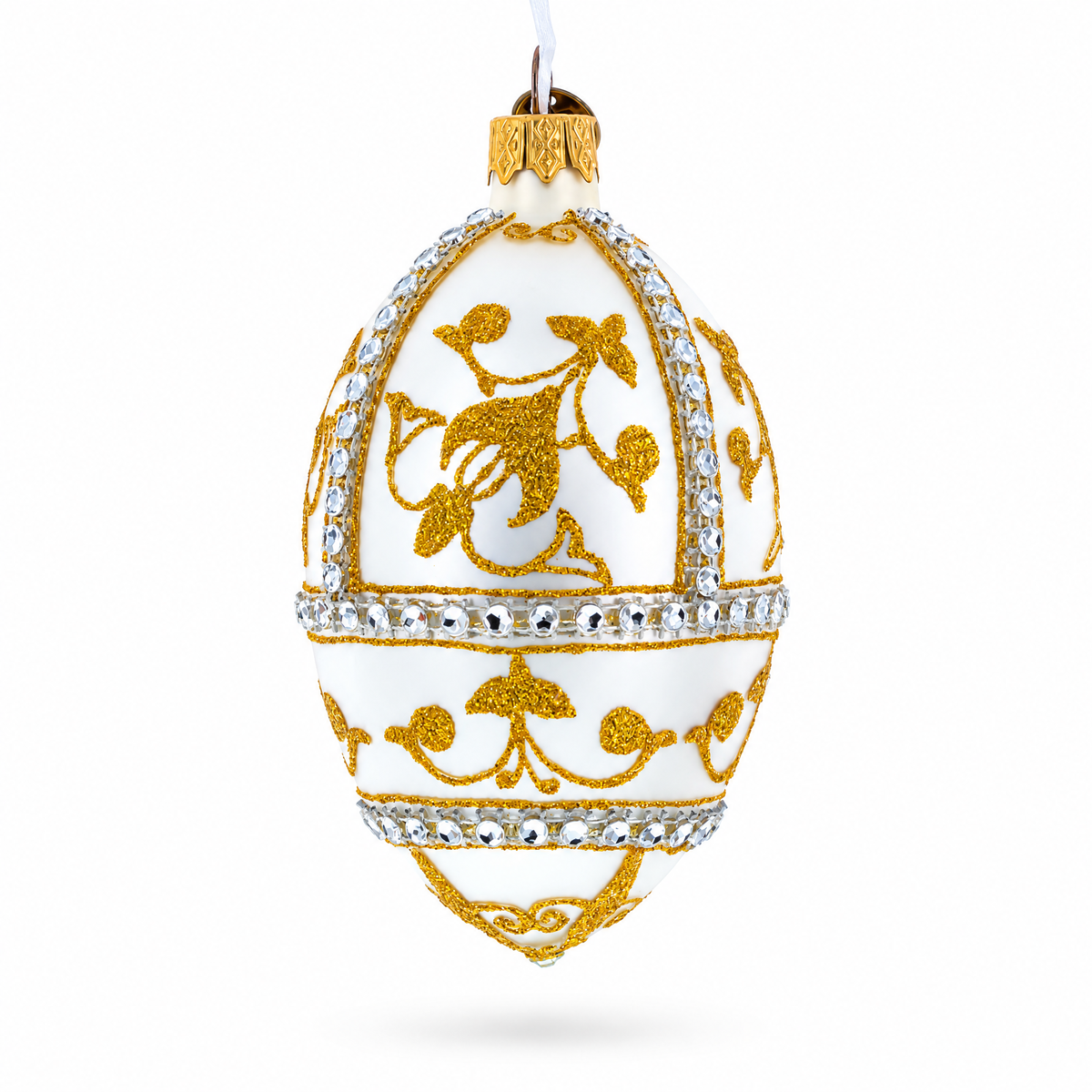 Jeweled Golden Chandelier on Silver Glass Egg Christmas Ornament 4 Inches