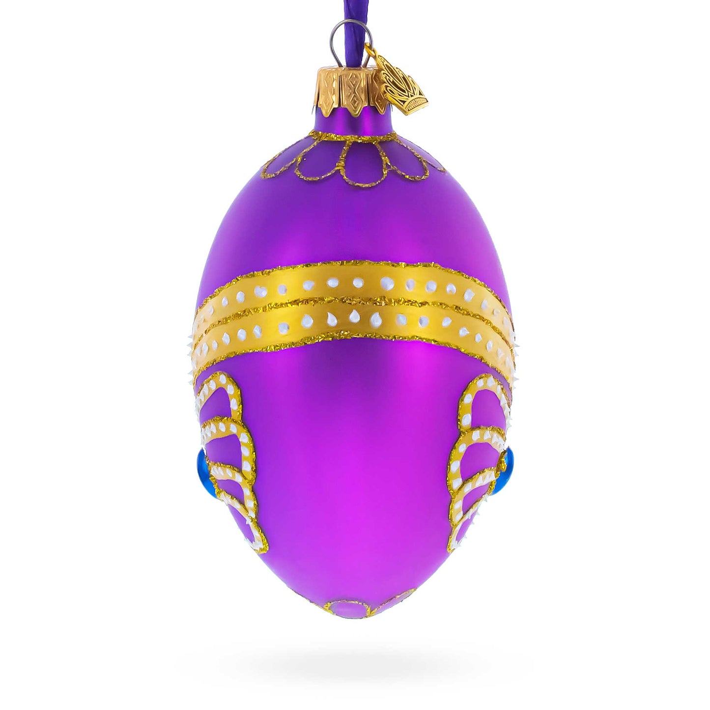 Golden Pattern on Purple Glass Egg Christmas Ornament 4 Inches