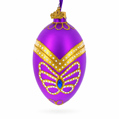 Golden Pattern on Purple Glass Egg Christmas Ornament 4 Inches