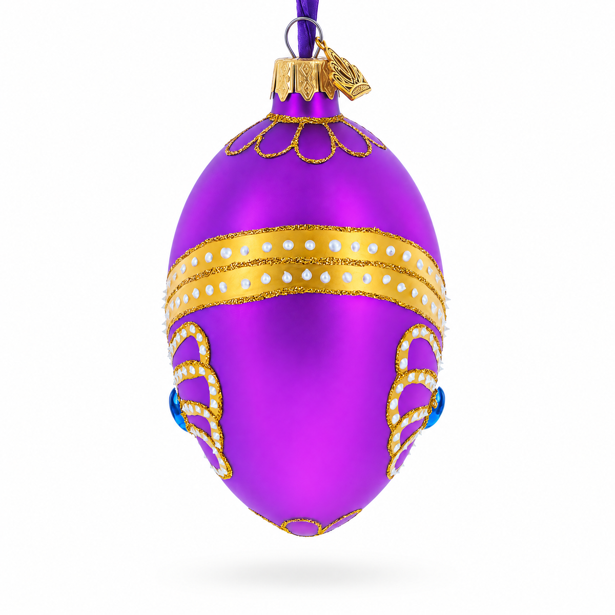 Golden Pattern on Purple Glass Egg Christmas Ornament 4 Inches