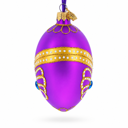 Golden Pattern on Purple Glass Egg Christmas Ornament 4 Inches