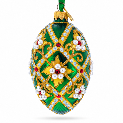 Jewels on Green Glass Egg Christmas Ornament 4 Inches