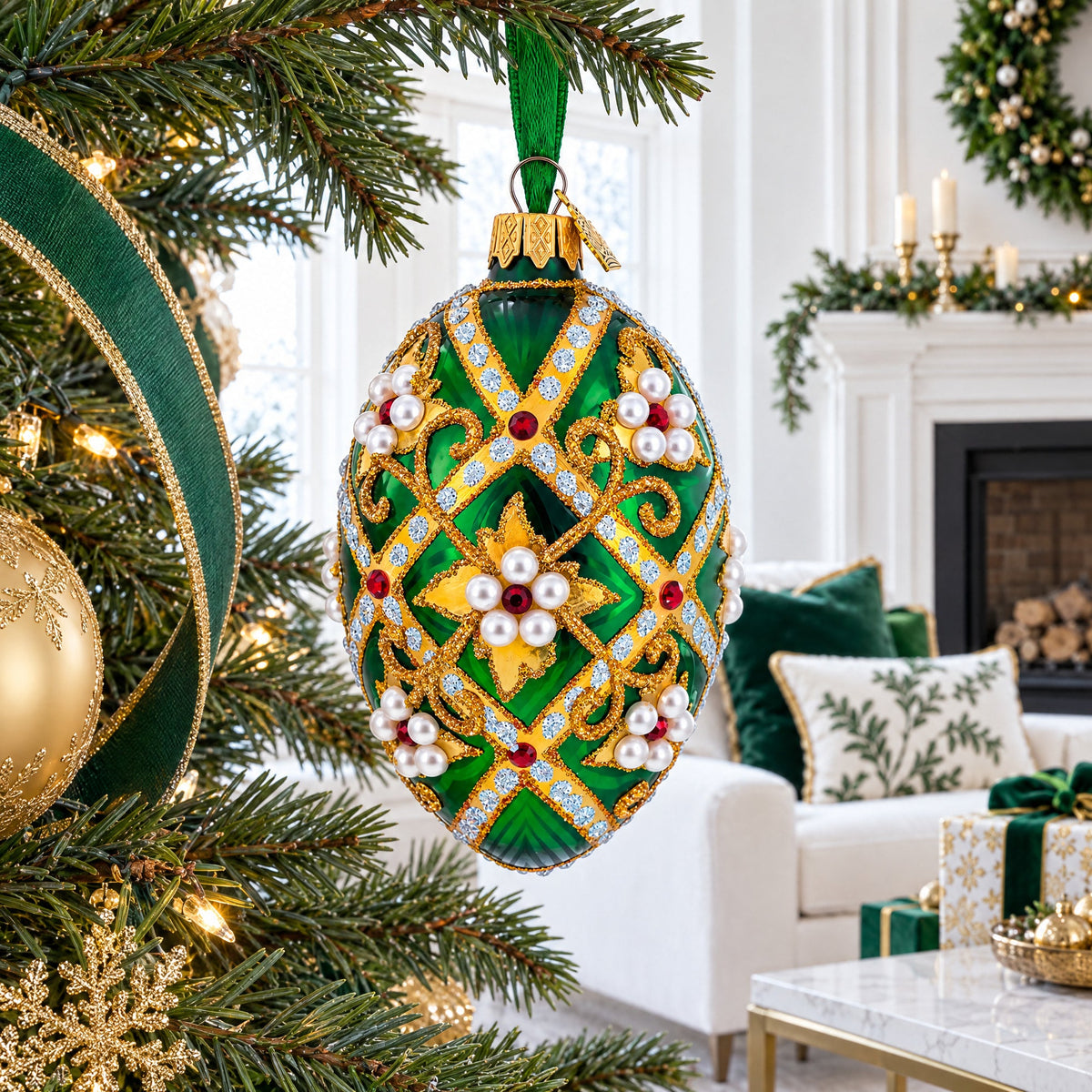 Jewels on Green Glass Egg Christmas Ornament 4 Inches