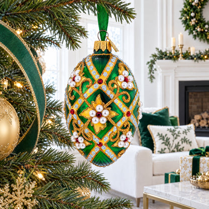 Jewels on Green Glass Egg Christmas Ornament 4 Inches