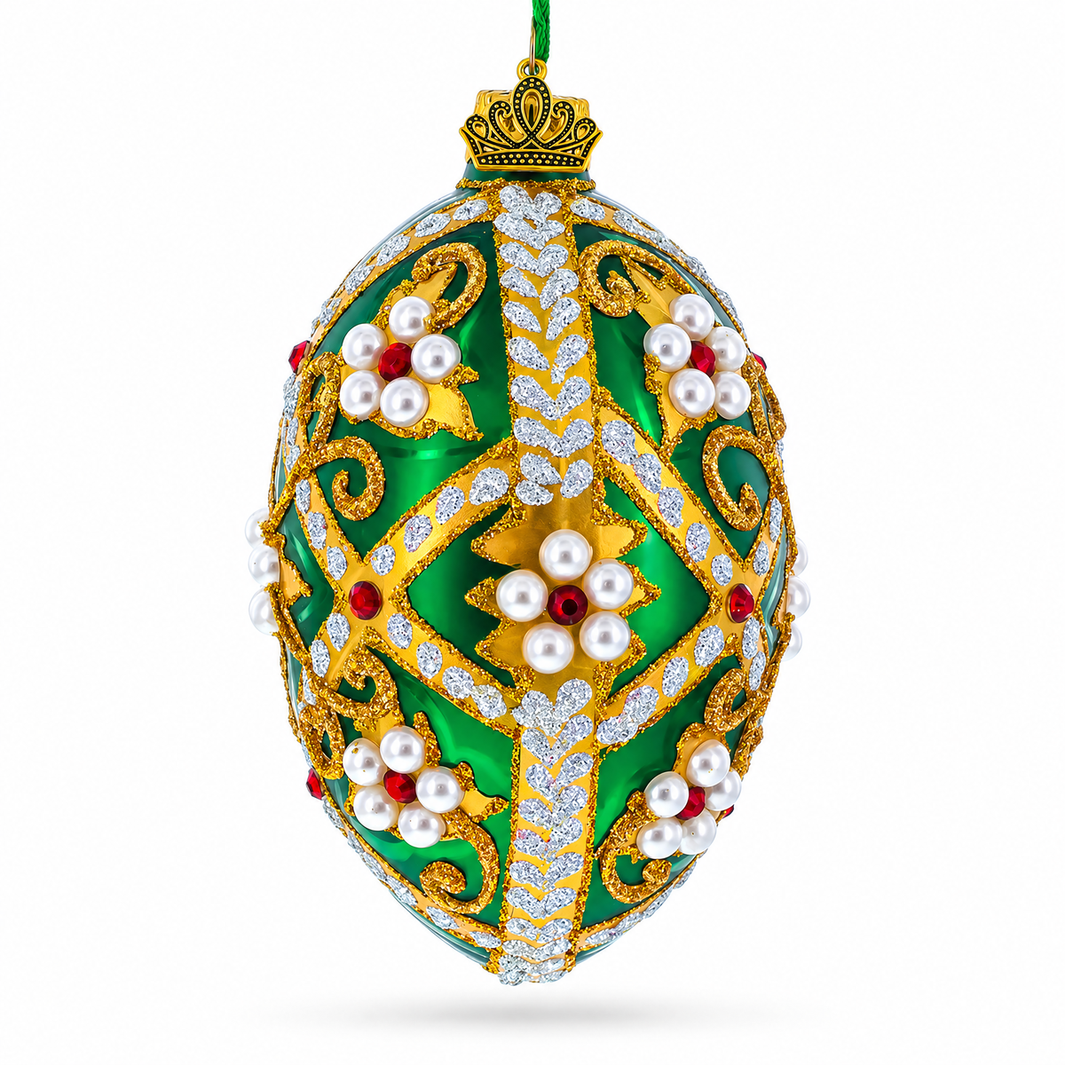 Jewels on Green Glass Egg Christmas Ornament 4 Inches