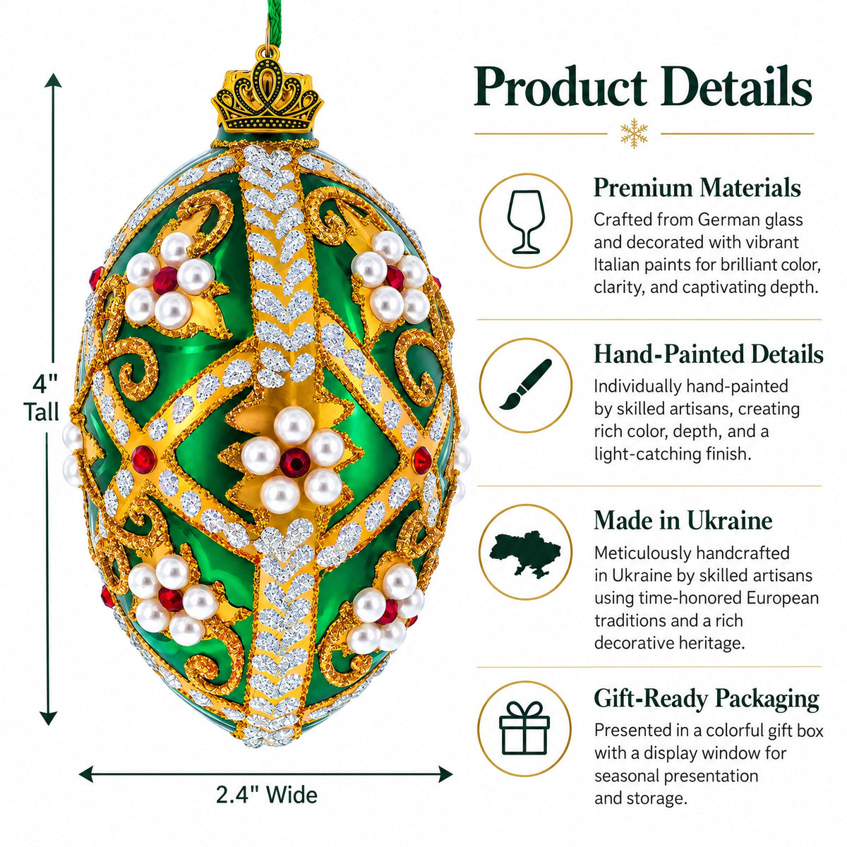 Jewels on Green Glass Egg Christmas Ornament 4 Inches