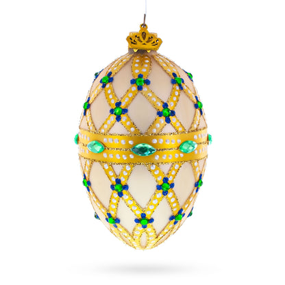 Yellow Trellis, Green Gems & Royal Blue Accents Glass Egg Ornament 4 Inches