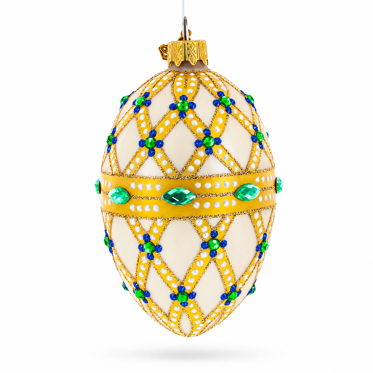 Yellow Trellis, Green Gems & Royal Blue Accents Glass Egg Ornament 4 Inches