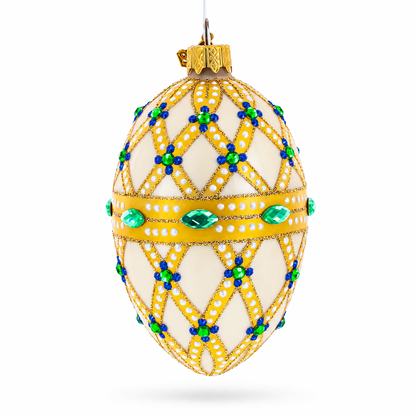 Yellow Trellis, Green Gems & Royal Blue Accents Glass Egg Ornament 4 Inches