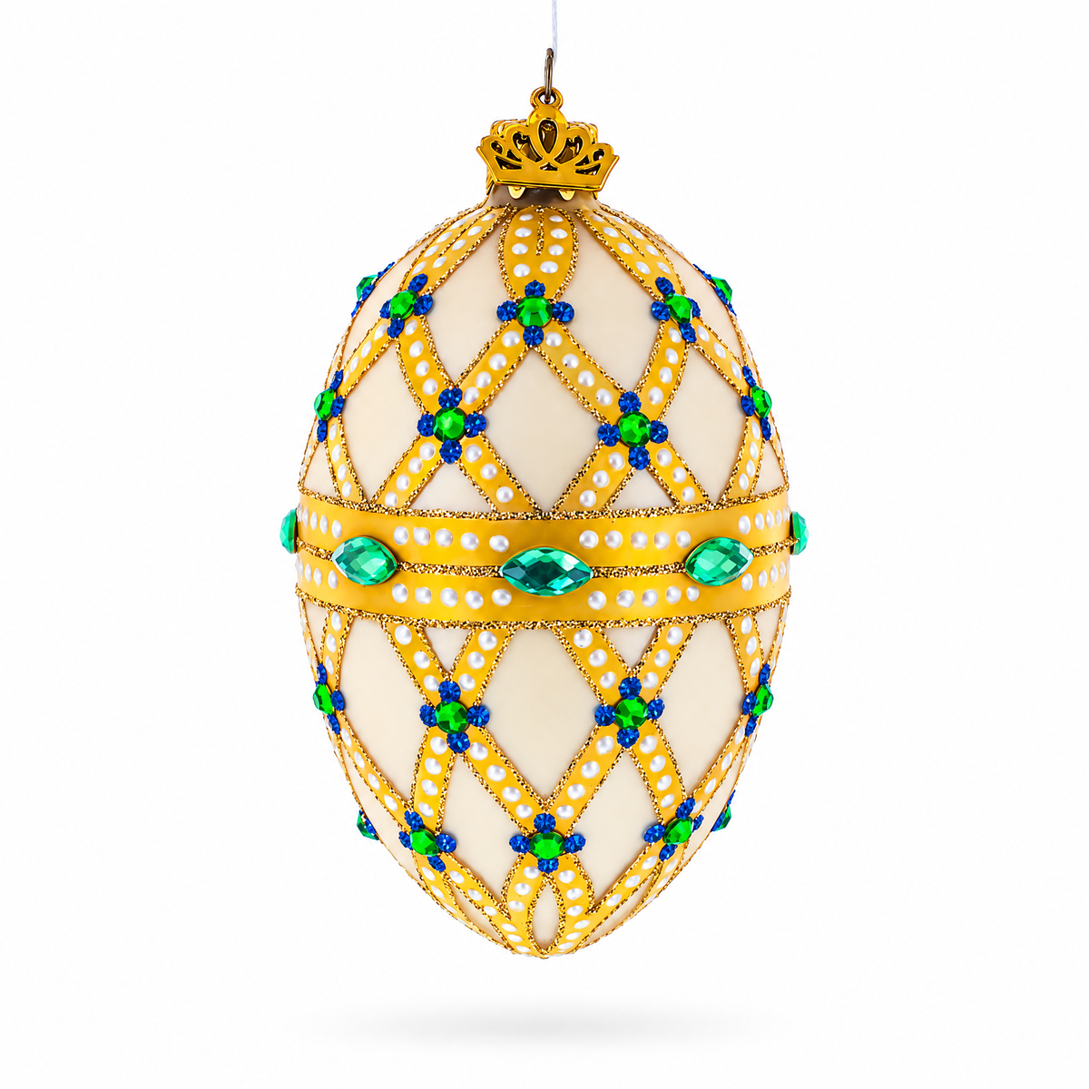 Yellow Trellis, Green Gems & Royal Blue Accents Glass Egg Ornament 4 Inches