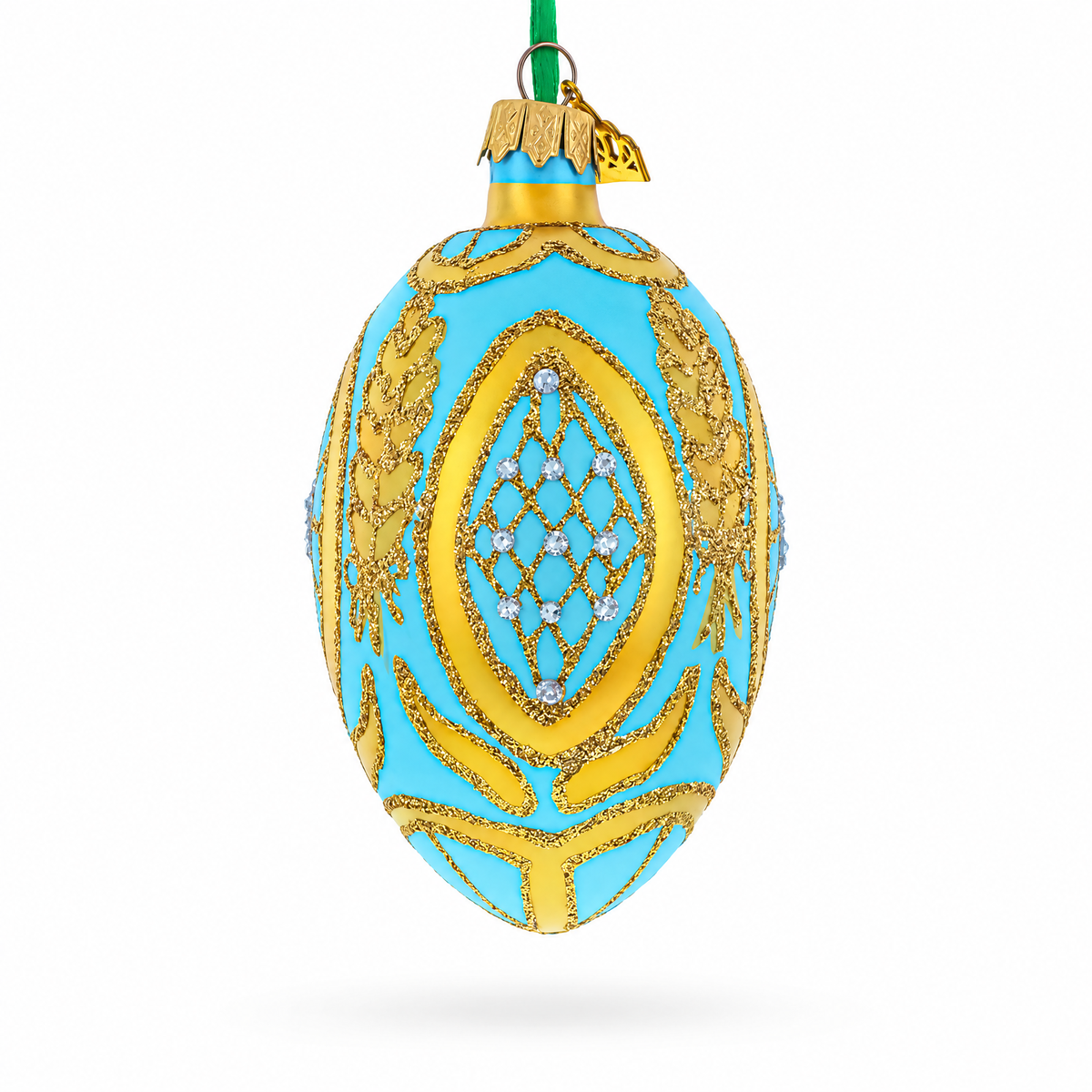 Golden Wheat on Turquoise Glass Egg Christmas Ornament 4 Inches