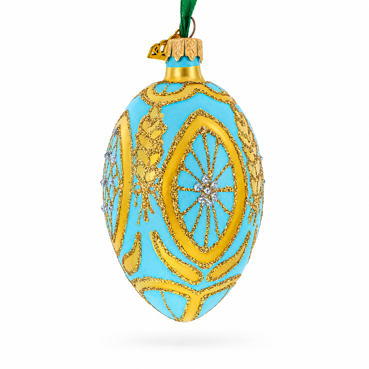 Golden Wheat on Turquoise Glass Egg Christmas Ornament 4 Inches