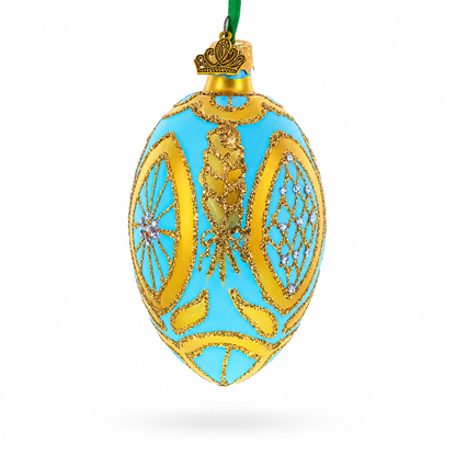 Golden Wheat on Turquoise Glass Egg Christmas Ornament 4 Inches