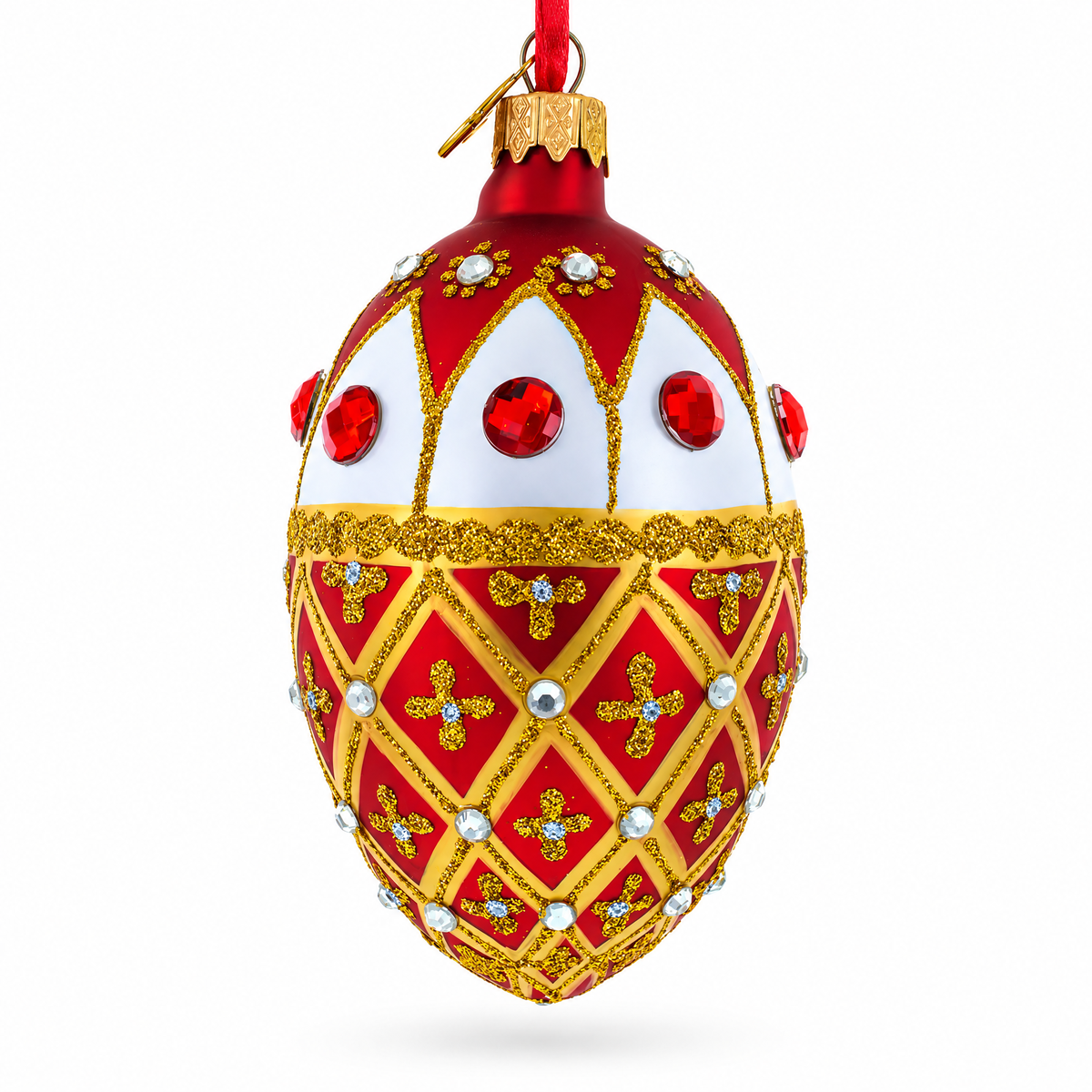Jeweled Gold Trellis on Red and White Glass Egg Christmas Ornament 4 Inches