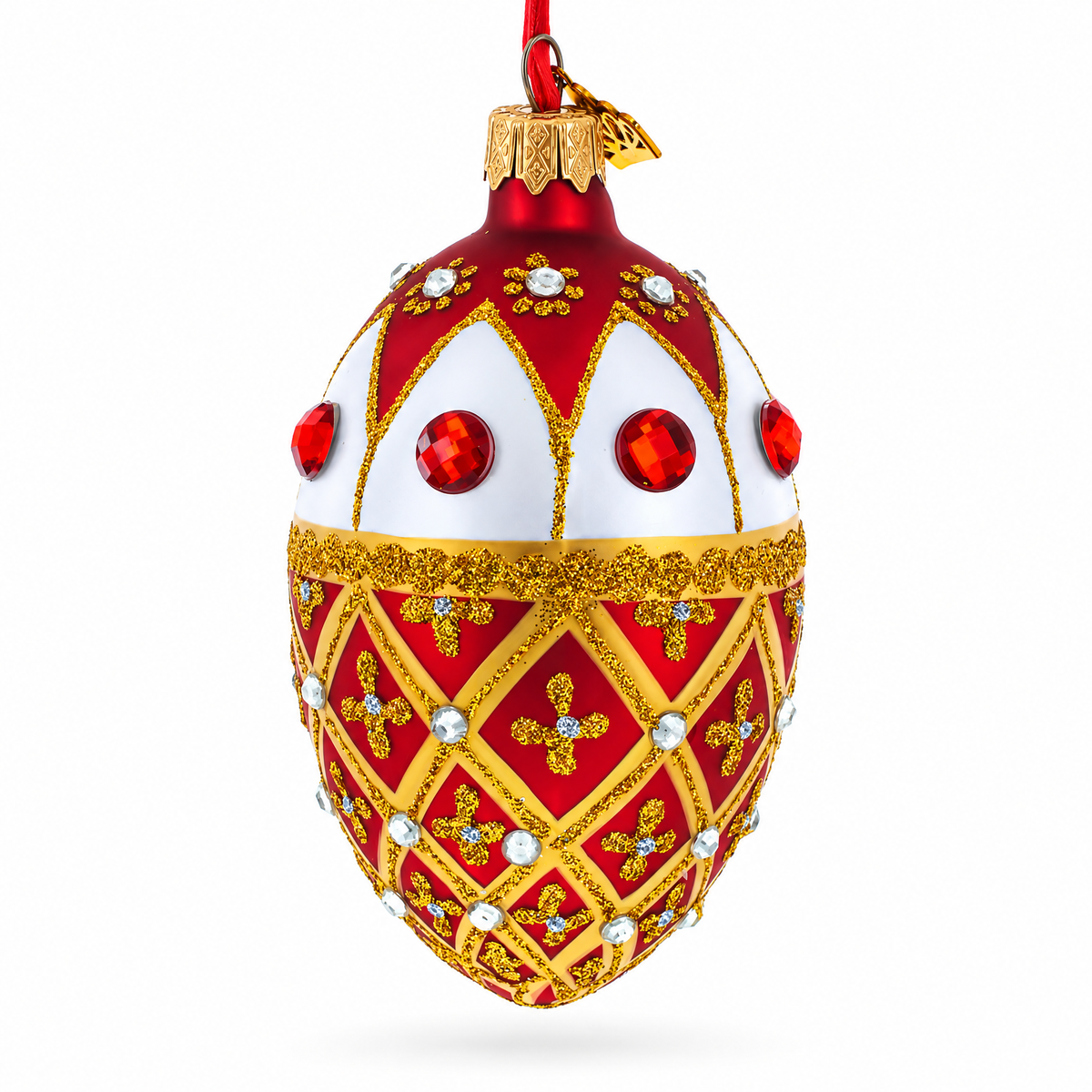 Jeweled Gold Trellis on Red and White Glass Egg Christmas Ornament 4 Inches