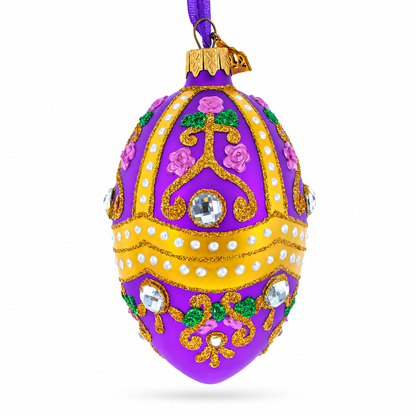 Jeweled Scrolls on Purple Glass Egg Christmas Ornament 4 Inches