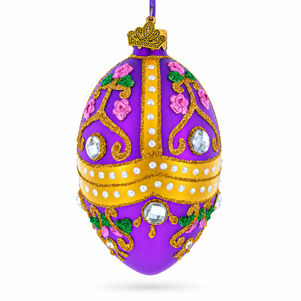 Jeweled Scrolls on Purple Glass Egg Christmas Ornament 4 Inches