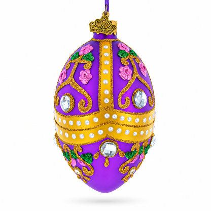 Jeweled Scrolls on Purple Glass Egg Christmas Ornament 4 Inches