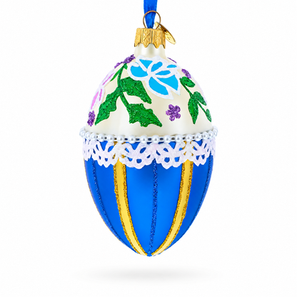 Flowers on Beige and Blue Glass Egg Christmas Ornament 4 Inches