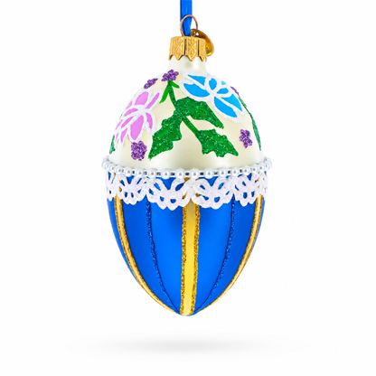 Flowers on Beige and Blue Glass Egg Christmas Ornament 4 Inches