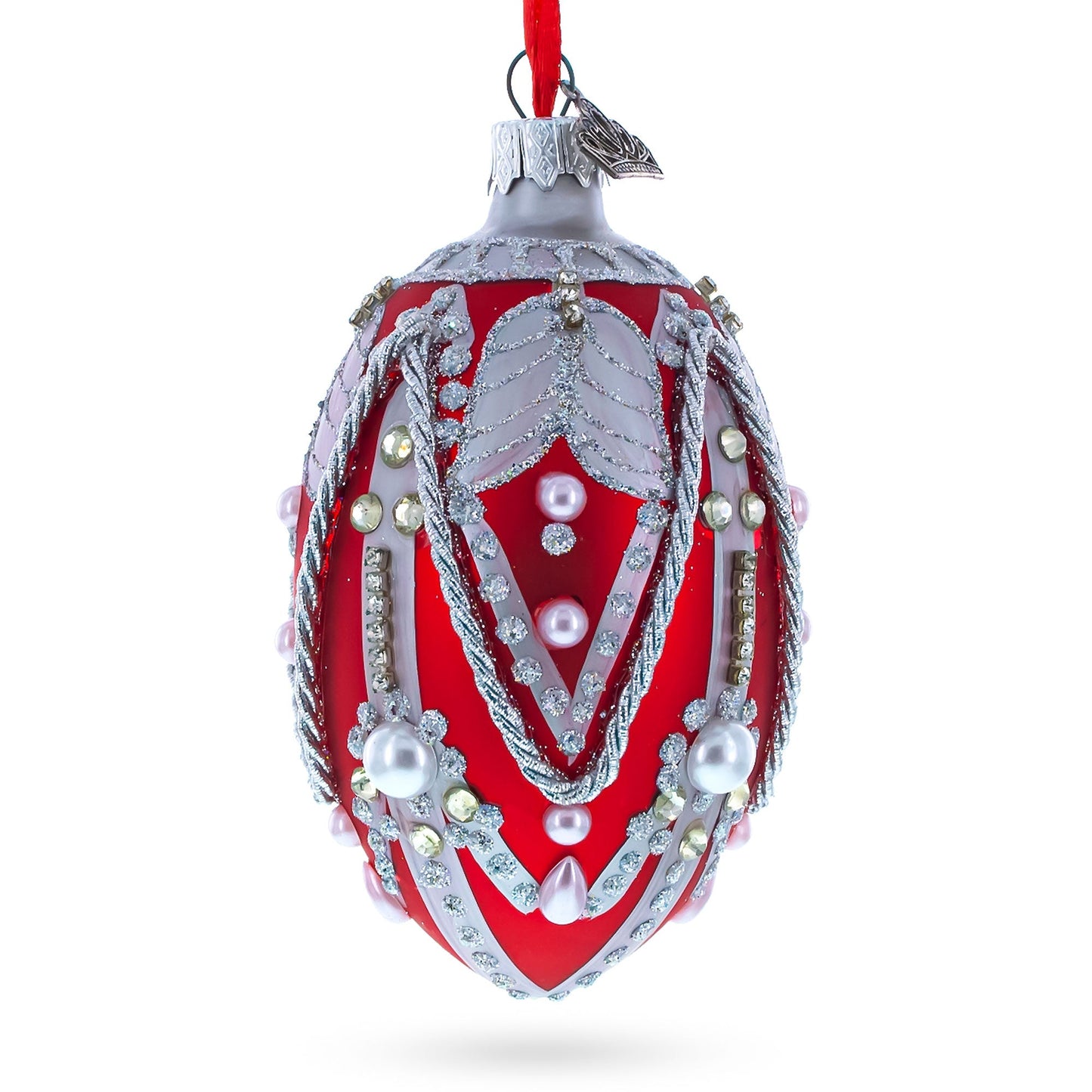 Silver Ropes on Red Glass Egg Christmas Ornament 4 Inches