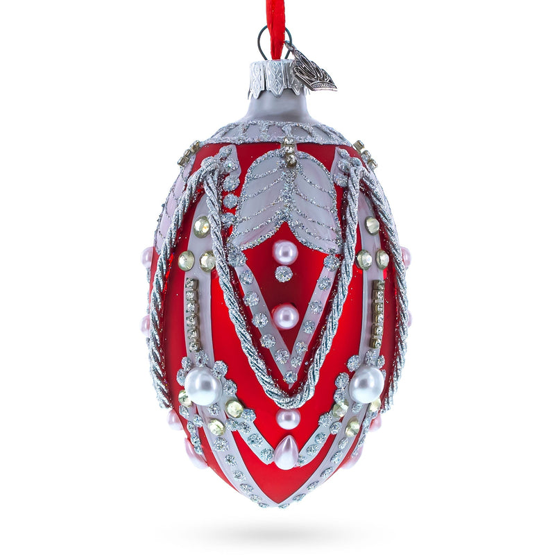 Silver Ropes on Red Glass Egg Christmas Ornament 4 Inches