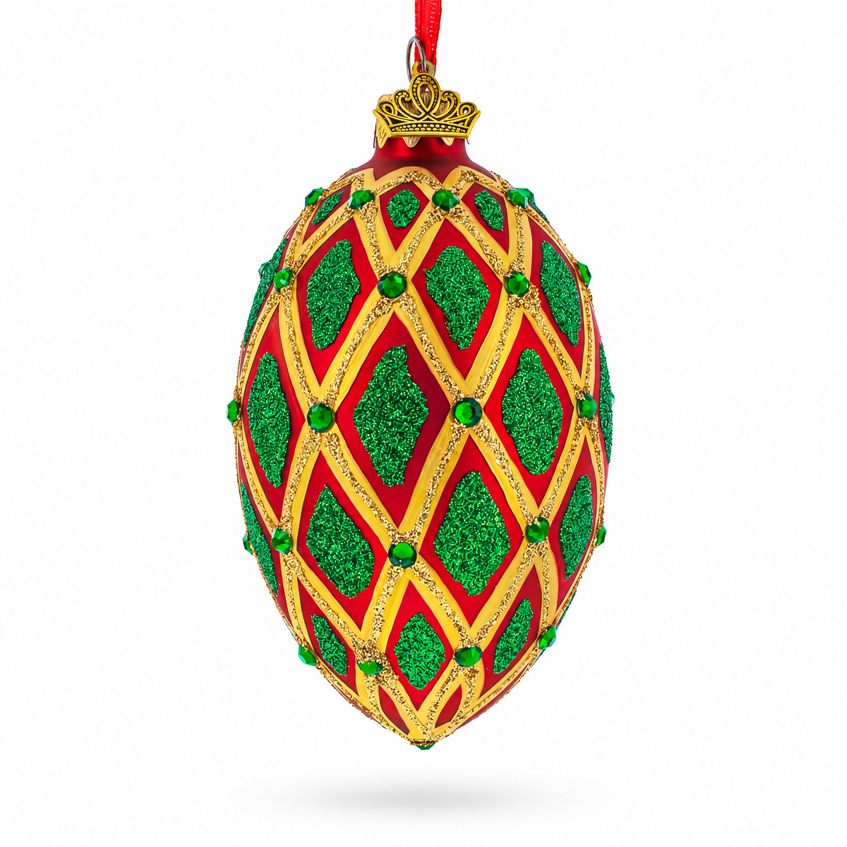Jeweled Green IKAT on Red Glass Egg Christmas Ornament 4 Inches