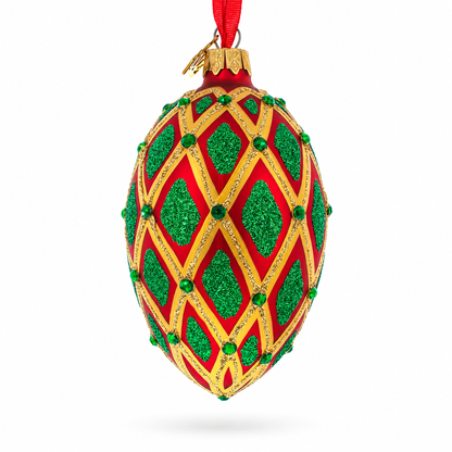 Jeweled Green IKAT on Red Glass Egg Christmas Ornament 4 Inches