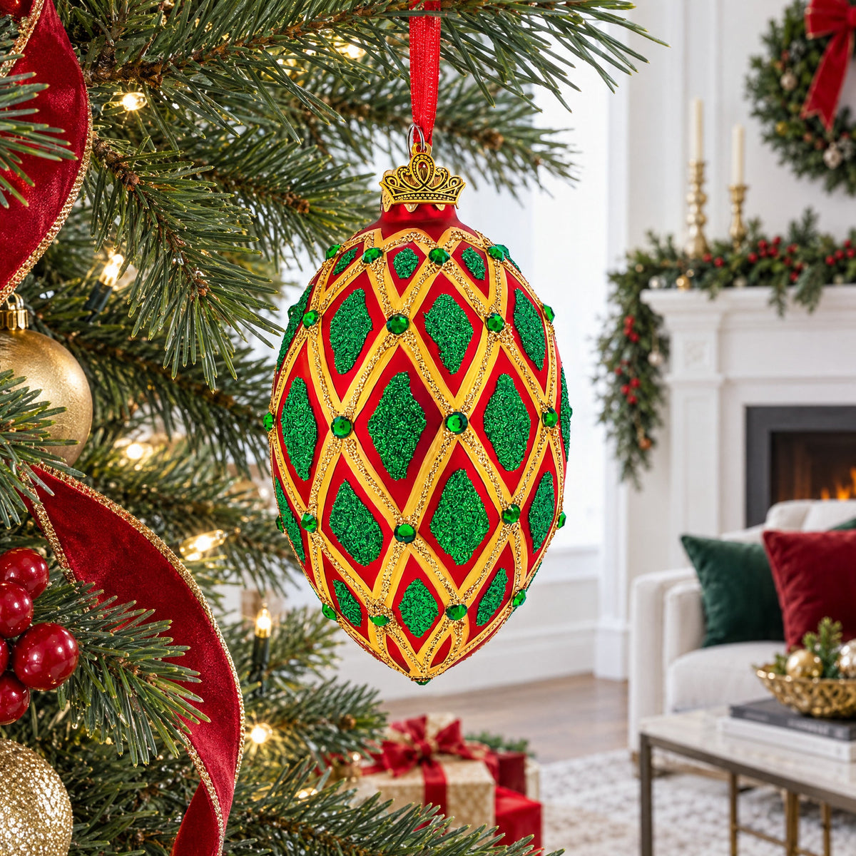 Jeweled Green IKAT on Red Glass Egg Christmas Ornament 4 Inches