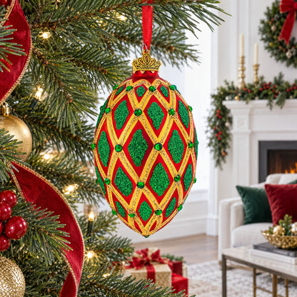 Jeweled Green IKAT on Red Glass Egg Christmas Ornament 4 Inches