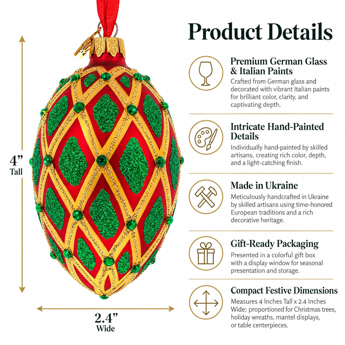 Jeweled Green IKAT on Red Glass Egg Christmas Ornament 4 Inches