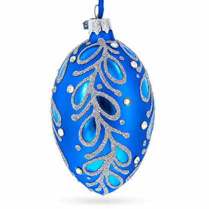Blue Paisley Glass Egg Christmas Ornament 4 Inches