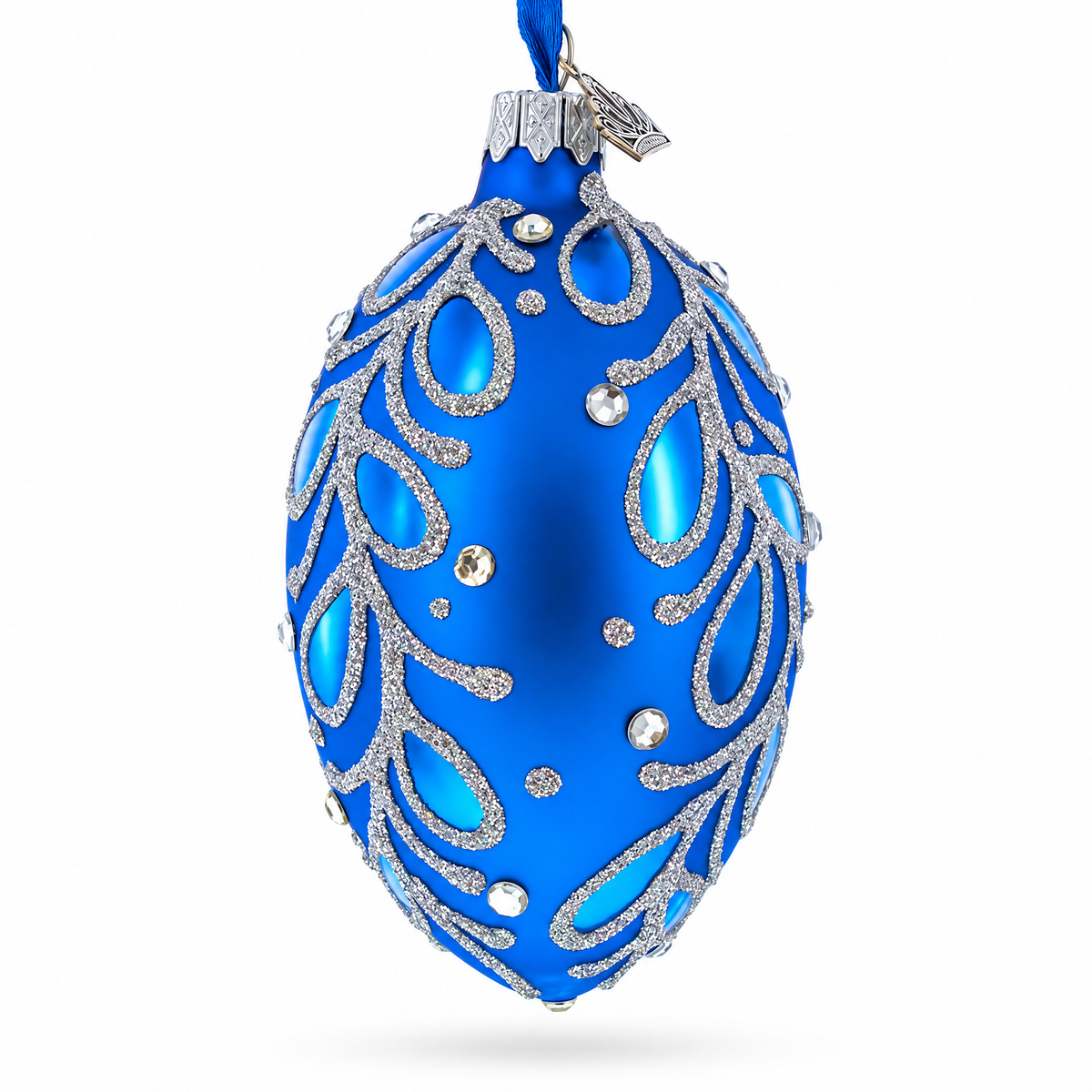 Blue Paisley Glass Egg Christmas Ornament 4 Inches