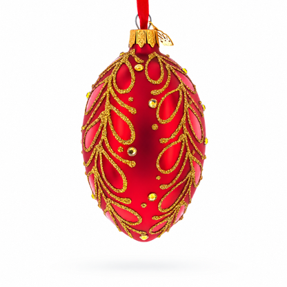 Red Paisley Glass Egg Christmas Ornament 4 Inches