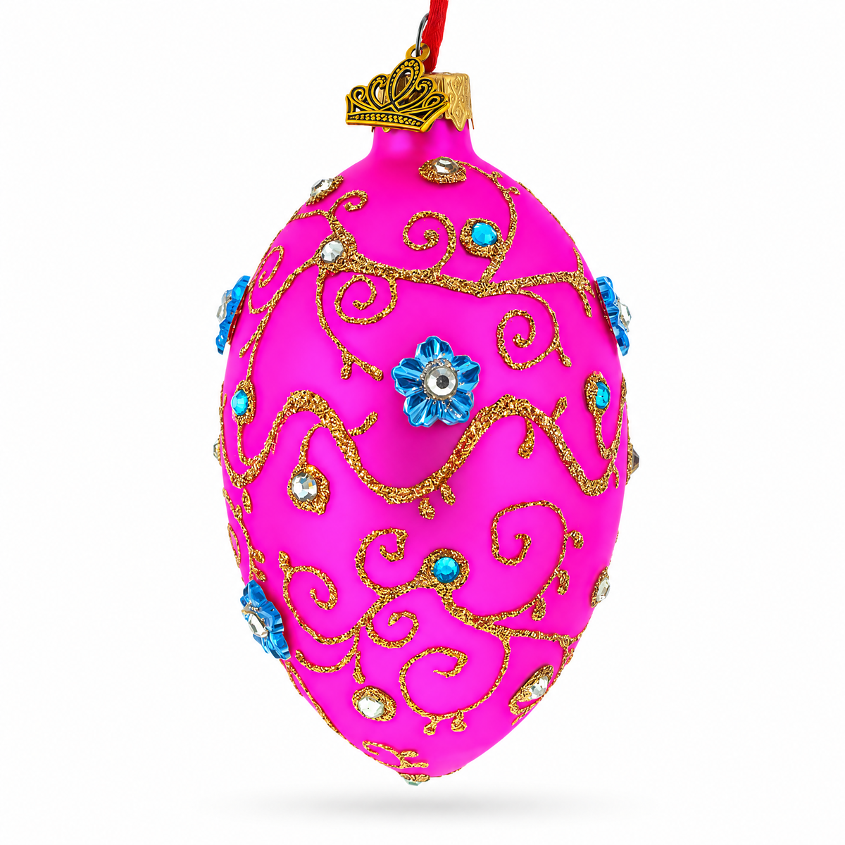 Diamond Swirl Flowers Pink Glass Egg Christmas Ornament 4 Inches