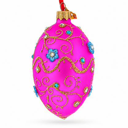 Diamond Swirl Flowers Pink Glass Egg Christmas Ornament 4 Inches