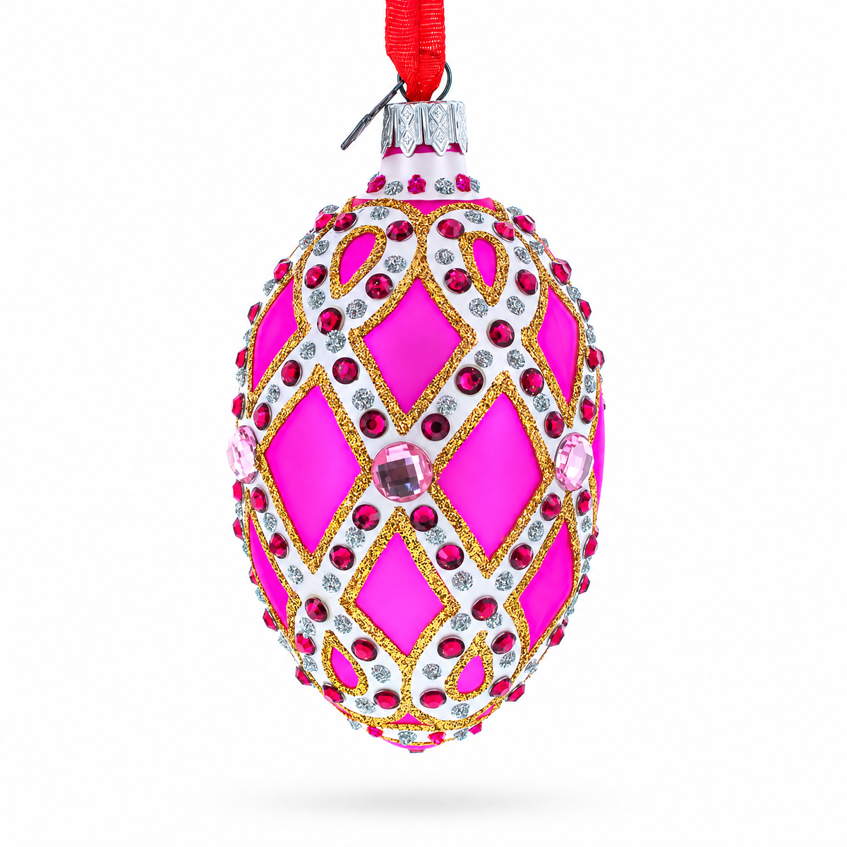 Bejeweled Trellis on Pink Glass Egg Christmas Ornament 4 Inches