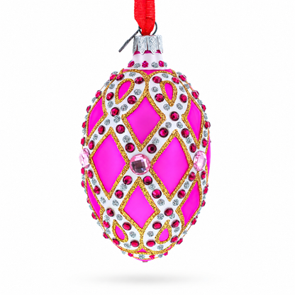 Bejeweled Trellis on Pink Glass Egg Christmas Ornament 4 Inches