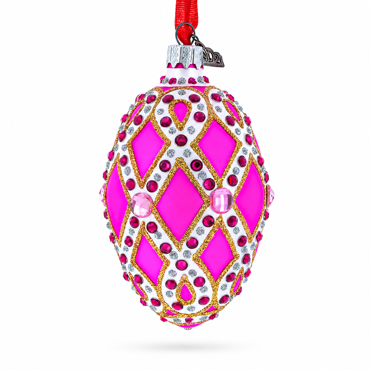 Bejeweled Trellis on Pink Glass Egg Christmas Ornament 4 Inches