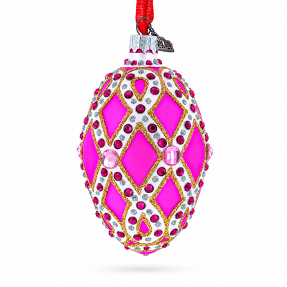 Bejeweled Trellis on Pink Glass Egg Christmas Ornament 4 Inches