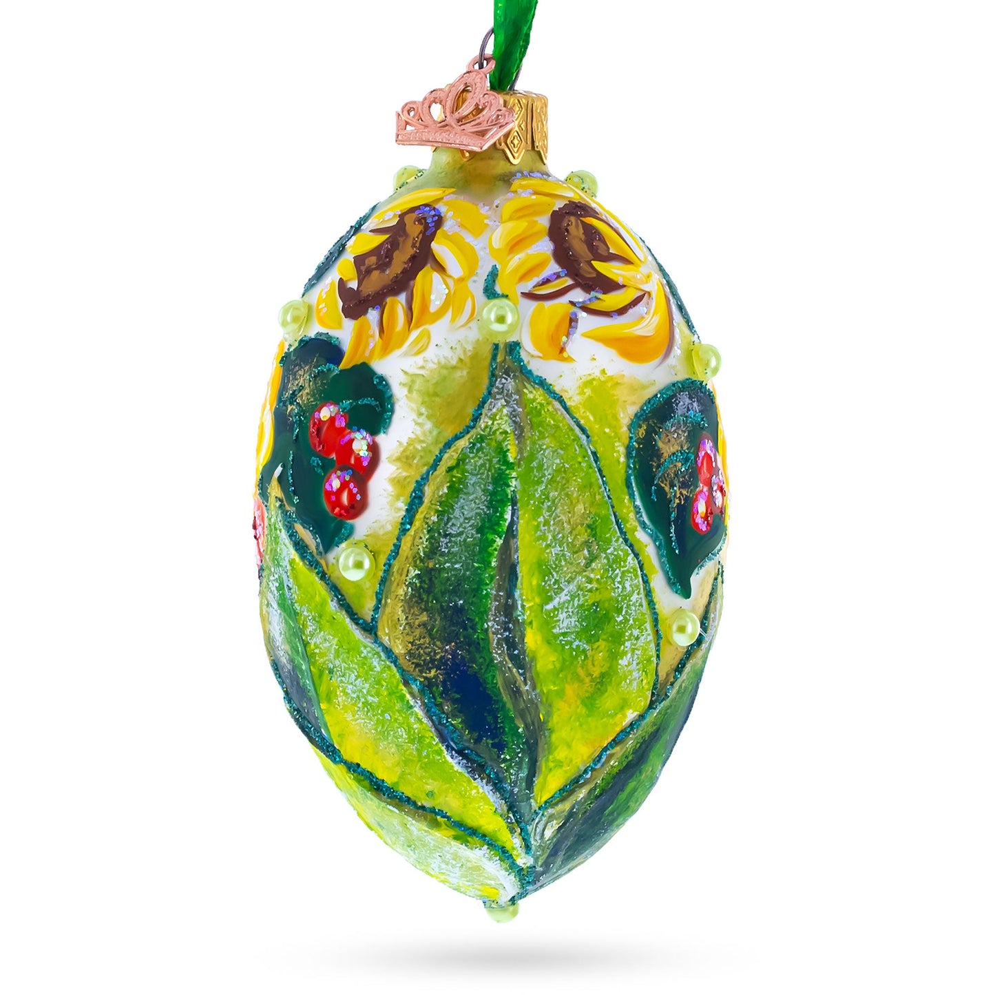 Sunflowers and Berries Glass Egg Ornament 4 Inches