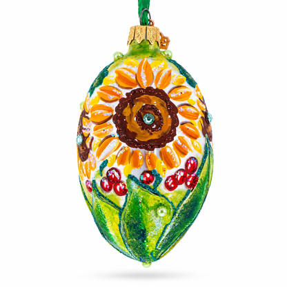 Sunflowers and Berries Glass Egg Ornament 4 Inches