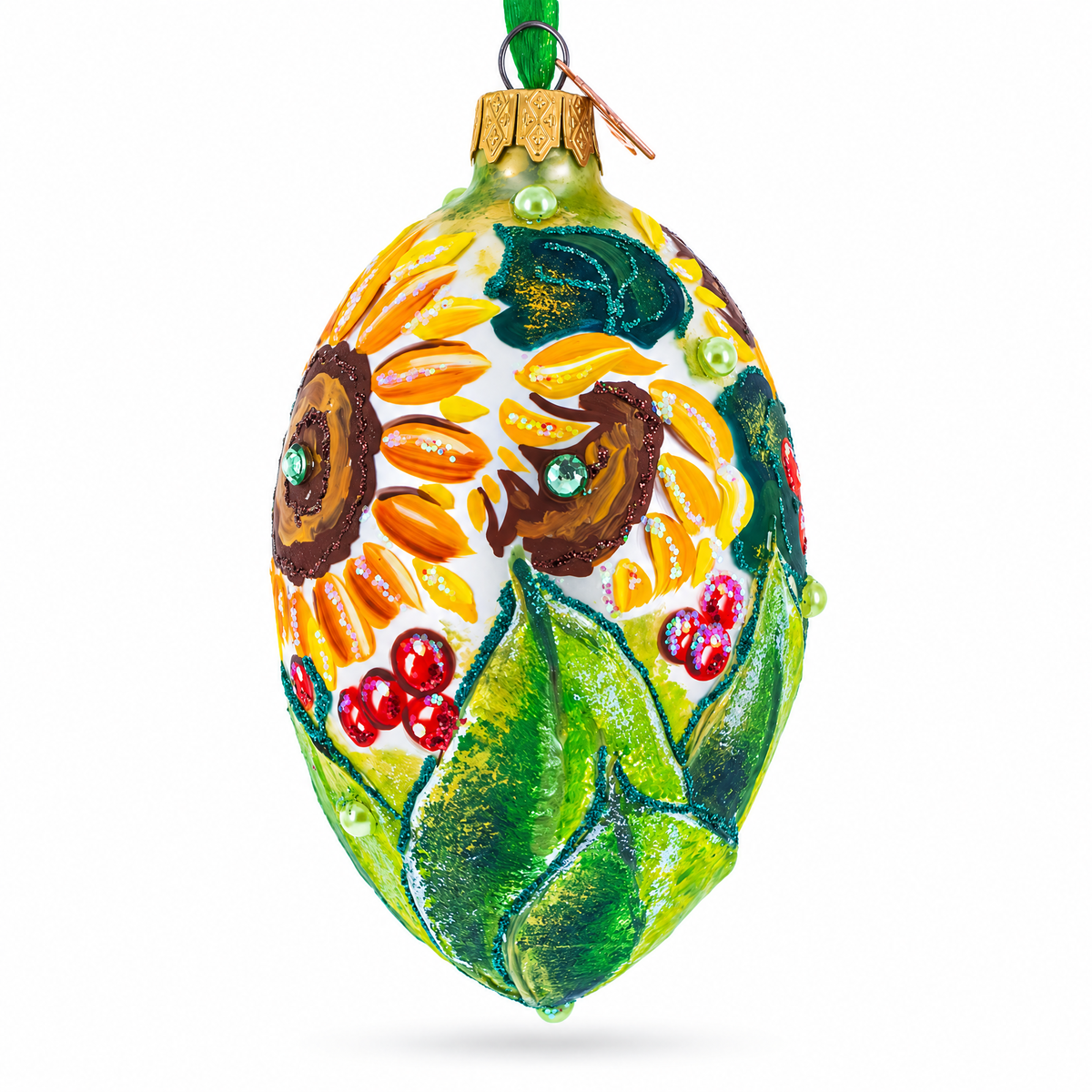 Sunflowers and Berries Glass Egg Ornament 4 Inches
