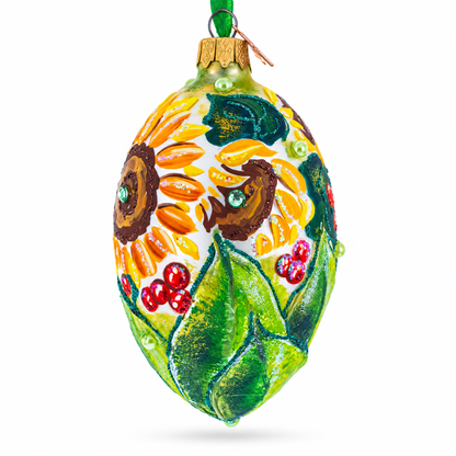 Sunflowers and Berries Glass Egg Ornament 4 Inches